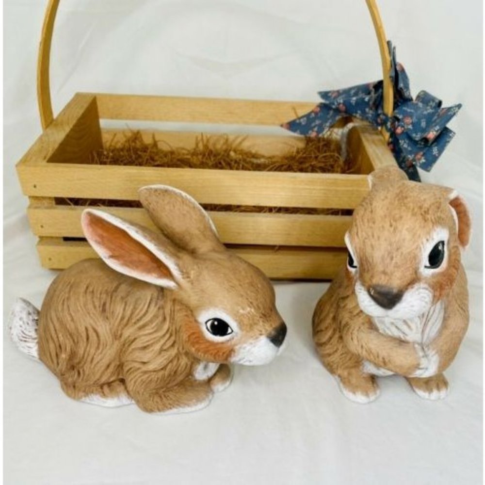 2 Bunny Rabbit Figurine Ceramic Mold Hand Painted Easter Spring With Basket